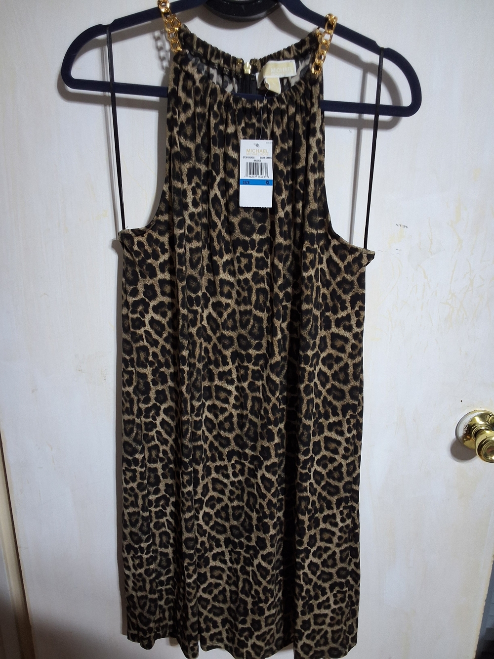 Michael Kors Leopard Print Midi Dress with Gold Chain Straps - Brown and Black